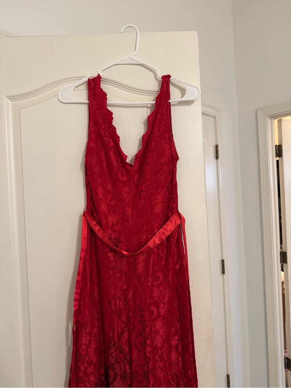 Windsor Red Lace Maxi Dress with Satin Waist Tie
